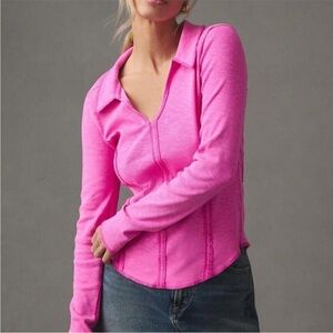 Anthropologie Pilcro Slub Knit Shirt Womens Size XXS Pink Cotton Raw Edge